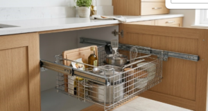 Fully extended 400mm stainless steel pull out wire basket kitchen storage drawer inside a modern white base cabinet cabinet showcasing soft close tracks.