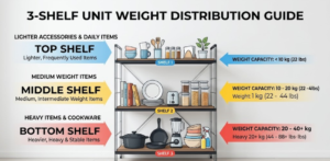 Infographic diagram displaying optimal weight distribution for a 3-shelf storage organizer, showing heavy items on the bottom and lighter items on top.