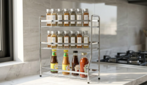A close-up of the specific iron-chromed small triple rack, placed on a white marble countertop in a modern Bangladeshi kitchen. It is neatly organized with spice jars.