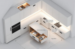  Minimalist kitchen blueprint featuring motion-activated under-cabinet lighting and hidden pull-out storage drawers.
