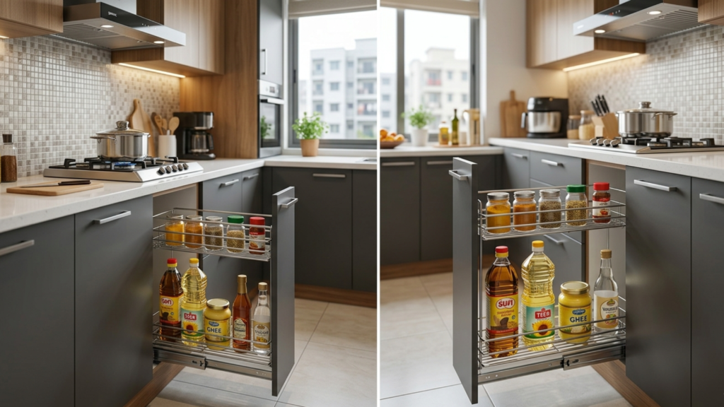 150mm pull-out stainless steel drawer basket in a narrow kitchen cabinet.