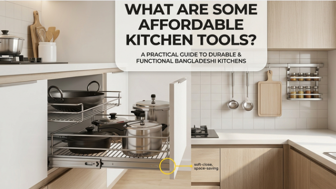 A high-quality featured image for a 2026 guide on affordable kitchen tools in Bangladesh, showcasing a modern kitchen with efficient pull-out storage and organized cooking zones.