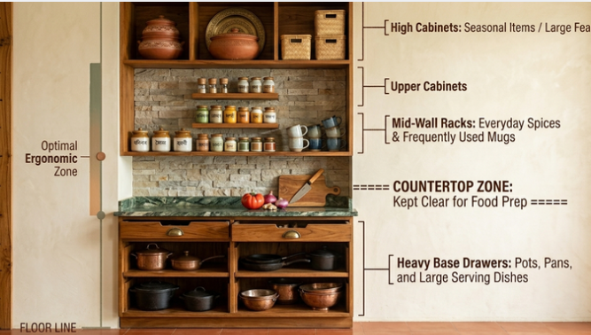 A technical infographic illustrating the vertical height zones of a kitchen cabinet, from the floor line to the ceiling line, highlighting the optimal ergonomic zone for frequently used items.