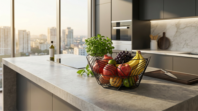 A minimalist black geometric wire fruit basket sitting on a concrete kitchen counter with city views.