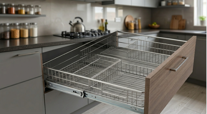 A modern kitchen features grey cabinets and dark countertops, with one lower cabinet drawer pulled open to reveal two nested, empty stainless steel wire pull-out baskets.