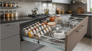 View looking into an open, modern kitchen pull-out drawer featuring a custom metal wire storage system with multiple labeled spice jars, stainless steel pots and pans, and containers of dried goods.