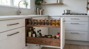 Pull-out wooden spice rack in a modern kitchen with neatly arranged spice jars and oil bottles.
