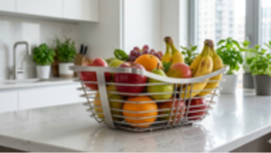 A modern stainless steel wire fruit basket filled with fresh apples, bananas, grapes, and citrus on a marble countertop.