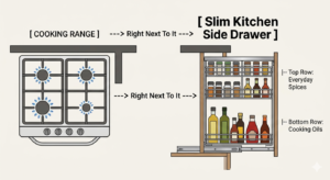 A modern Bangladeshi apartment kitchen featuring optimized vertical storage, clear countertops, and an accessible side drawer next to the cooking range.