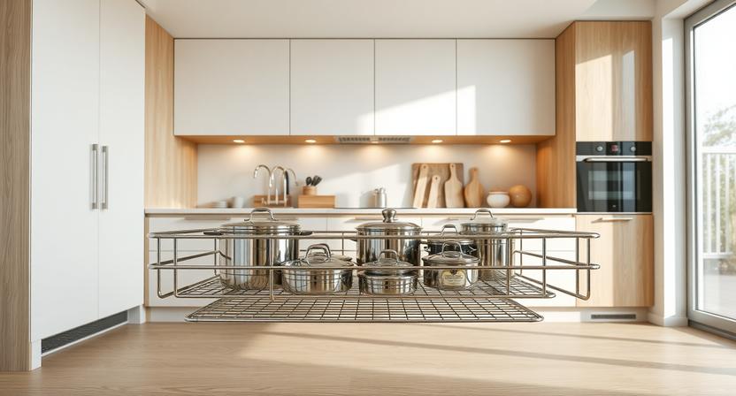 Kitchen Cabinet Storage Organizer Multi-Functional Metal Wire Chrome Plating Soft Closing Drawer Basket (K6PTJ025B-2)