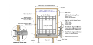 Blueprint showing internal dimensions and side clearances for a 300mm side pull-out basket installation.