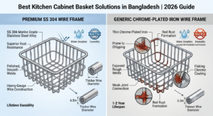A technical infographic comparing the features of SS 304 stainless steel kitchen cabinet baskets against cheaper chrome-plated iron alternatives, highlighting rust resistance and weld quality.Layout: Horizontal Diagram