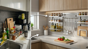 Stainless steel rack with spices and tools on a kitchen backsplash.
