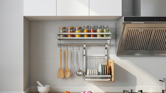 Before & after: Wall hanging kitchen rack for small kitchen organization. (70 characters)