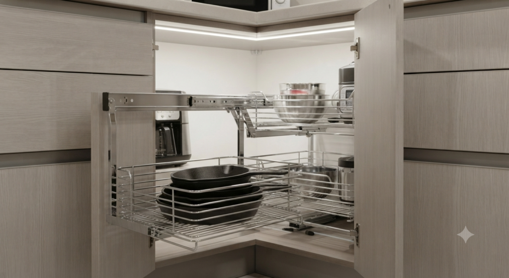 The same L-shaped cabinet, now featuring a fully extended chrome blind corner pull-out organizer (Magic Corner), bringing heavy cookware and appliances from the deep corner into view.