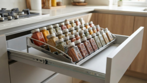 Premium stainless steel drawer spice rack filled with uniform glass jars inside a modern kitchen cabinet.