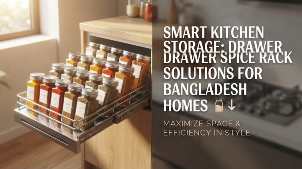 Drawer spice rack in a modern kitchen with text for Bangladesh homes.
