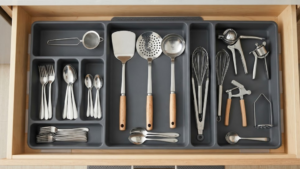 Top-down view of a neatly arranged kitchen cutlery tray with segregated utensils.