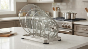 Stainless steel freestanding pot lid organizer on a modern kitchen countertop.