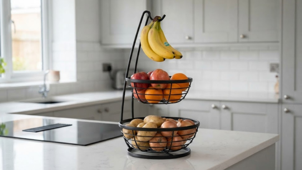 Modern fruit basket integrated into a smart, organized modular kitchen workspace.