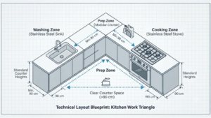 Technical blueprint diagram illustrating the kitchen work triangle workflow between a stainless steel gas stove and sink.