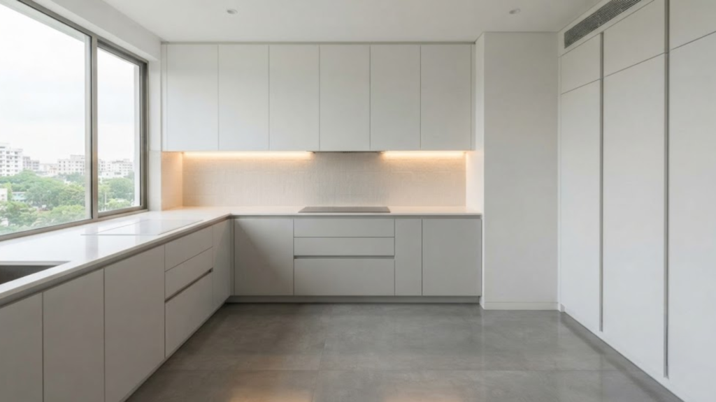 Modern minimalist kitchen with handleless cabinets.