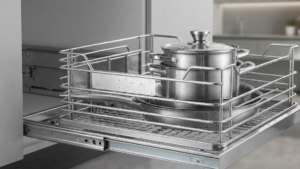 Close-up texture of high-grade SUS 304 stainless steel kitchen accessory basket holding pots.