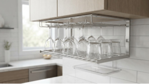Premium under-cabinet SUS 304 stainless steel glass holder mounted in a modern kitchen.