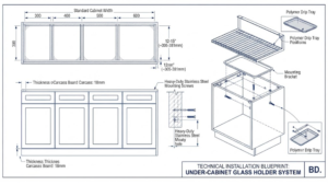 Technical installation layout diagram for wall-mounted kitchen storage solutions BD showing dimensions.