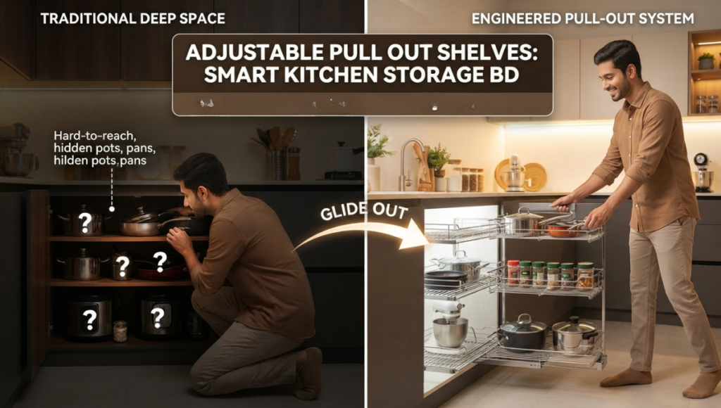 Text overlay reads "Adjustable Pull Out Shelves: Smart Storage Solutions BD".