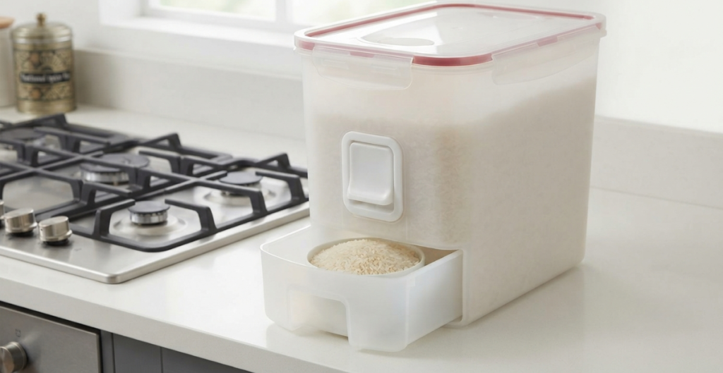 A close-up of a modern, airtight rice storage container with a dispensing drawer in a clean Bangladeshi kitchen, highlighting its silicone seal and BPA-free material.
