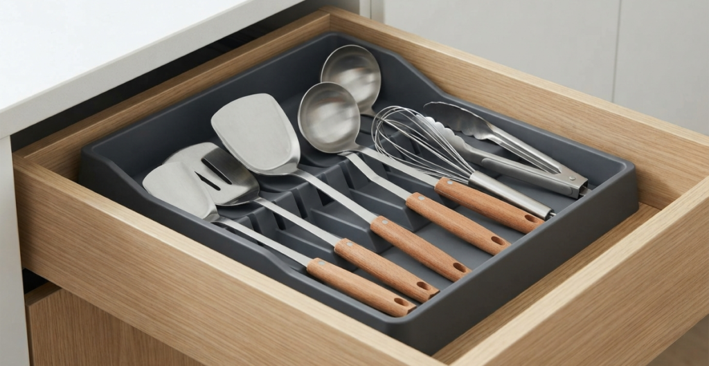 A modern gray angled utensil drawer organizer holding traditional Bangladeshi cooking tools like khunti and hata.