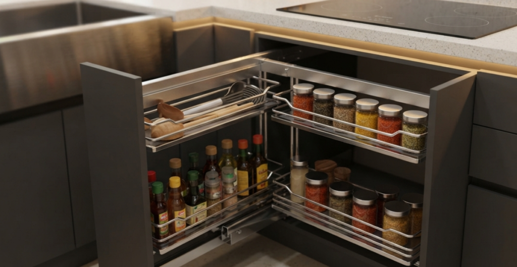 A modern, ergonomic kitchen in Bangladesh featuring light gray handleless cabinets, quartz countertops, and pull-out stainless steel drawer baskets.