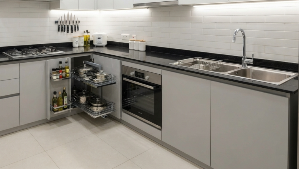 Close-up view of heavy-duty pull-out base cabinet wire baskets holding pots, pans, and mixing bowls for efficient kitchen storage.