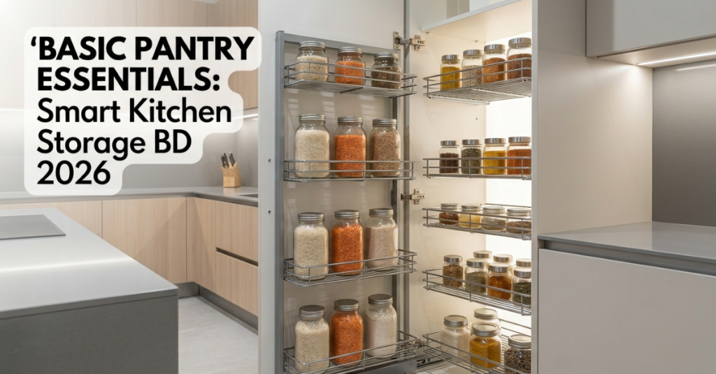 A modern Bangladeshi kitchen featuring a tall 304 stainless steel pull-out larder unit filled with organized glass jars of basic pantry essentials like rice, lentils, and spices, demonstrating smart storage solutions for 2026.