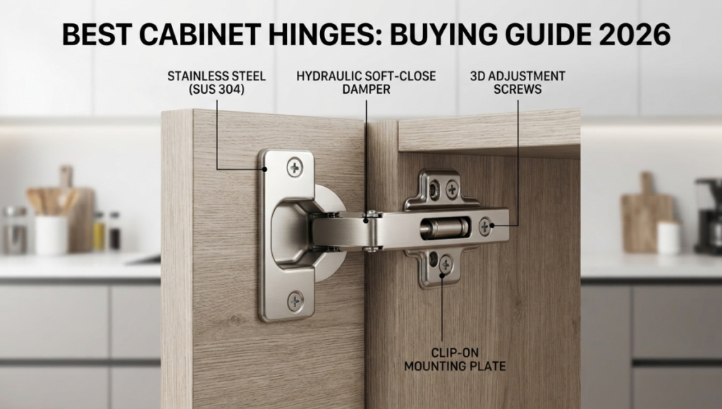 A detailed, annotated diagram of a premium SUS 304 stainless steel hydraulic soft-close cabinet hinge, highlighting components like the damper and 3D adjustment screws.