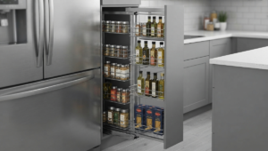 A luxurious, modern modular kitchen in Dhaka featuring high-end built-in appliances, sleek handle-less cabinetry, and premium stainless steel accessories, representing the best kitchen accessories brand in stylish homes.