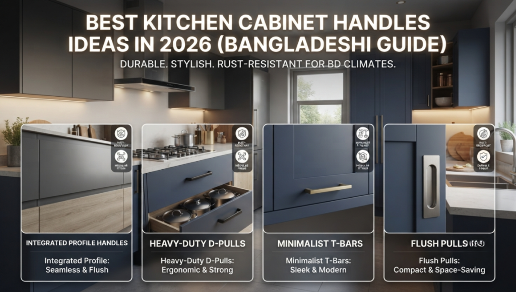 Modern kitchen cabinet handles including integrated profiles, D-pulls, and flush pulls for durable, rust-resistant Bangladeshi kitchen design in 2026.