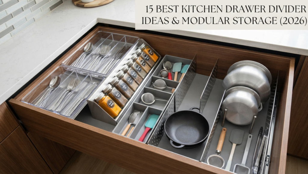 A high-efficiency organized kitchen drawer featuring modular dividers, a spice rack, and designated compartments for traditional cookware in a modern home.