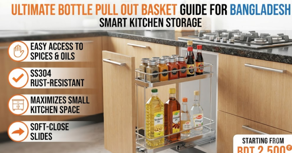 SS304 two-tier bottle pull out basket in modern Bangladesh modular kitchen base cabinet