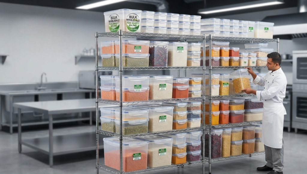 Commercial chef organizing bulk BPA-free plastic food storage containers on shelves in a Bangladeshi kitchen.