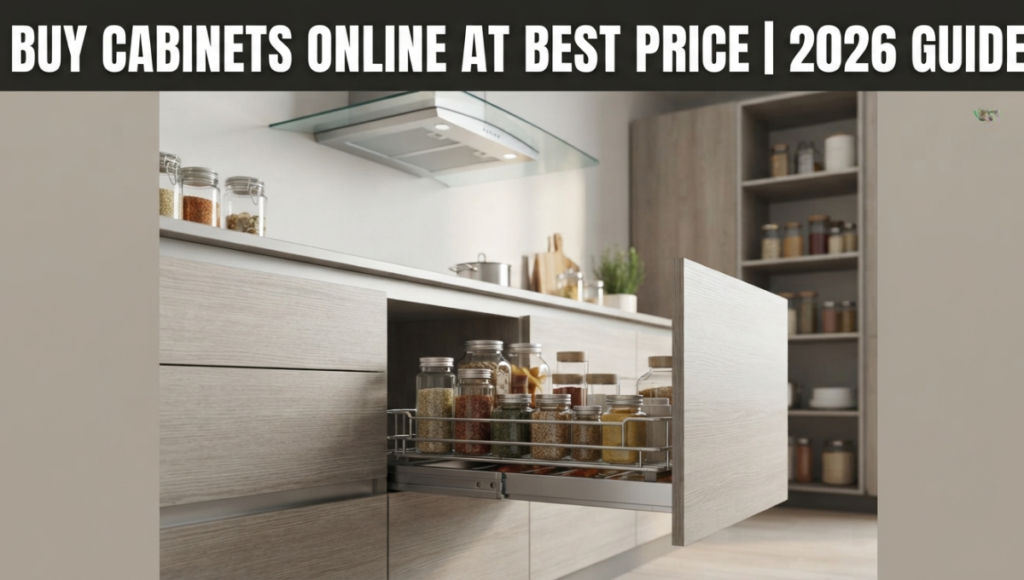 Modern modular kitchen lower cabinet with stainless steel pull-out basket organizer filled with spice jars, representing the 2026 guide to buying cabinets online at the best price in Bangladesh.v