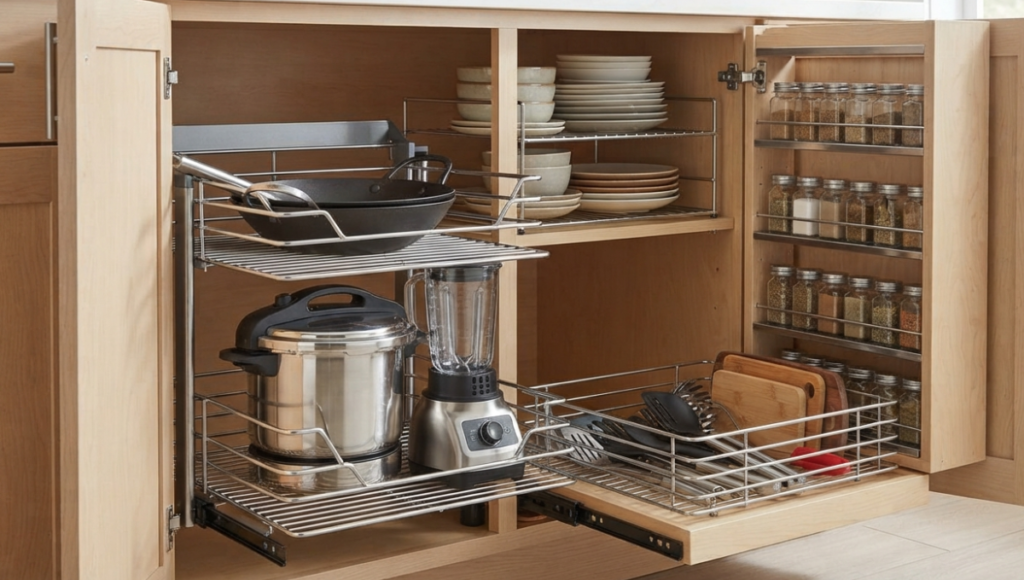 A modern kitchen cabinet interior featuring a pull-out drawer basket, static shelf organizer, and side-mounted spice rack for maximum space optimization.