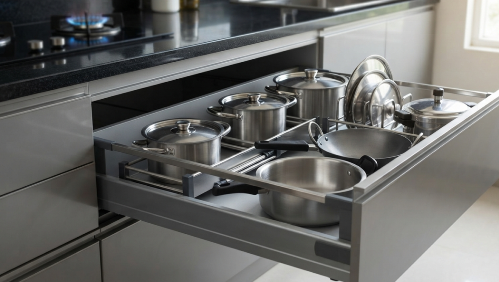 Stainless steel adjustable deep drawer organizer separating traditional pots, pans, and lids inside a modern grey kitchen cabinet.