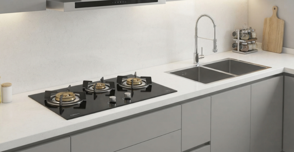 A studio flat lay showcasing essential modular kitchen components: segmented cutlery organizers, SS304 pull-out wire baskets, and a corner carousel.