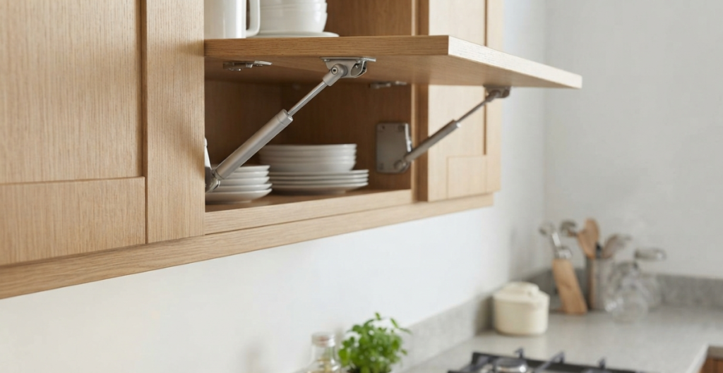 A traditional side-swinging kitchen cabinet door creating an obstruction in a small kitchen.