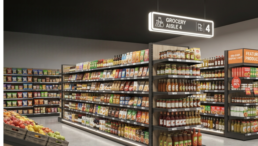Modern grocery store display racks and supermarket shelving layout in a retail environment in 2026