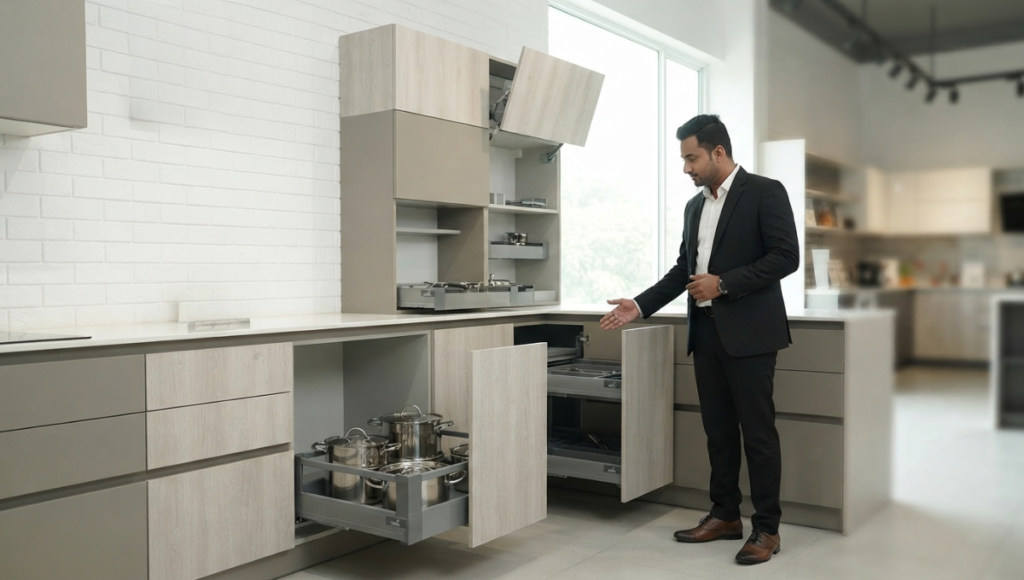 Modern kitchen showroom interior featuring Hettich dealers near me for authorized hardware, soft-close hinges, and corner cabinet solutions in Bangladesh.