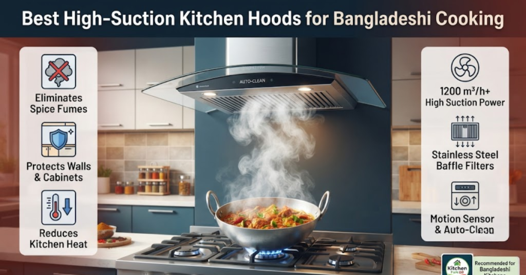 Infographic of high-suction kitchen hoods for Bangladeshi cooking specs.