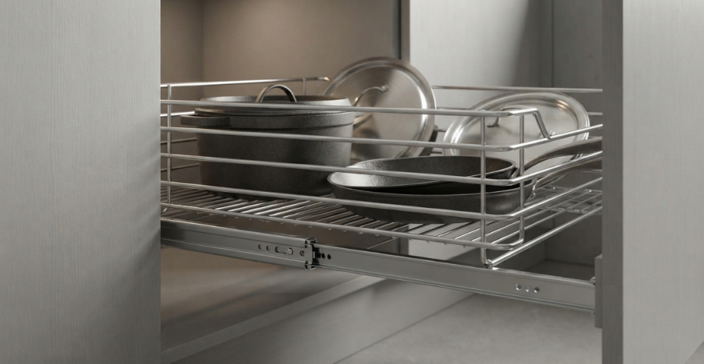 High-quality stainless steel pull-out basket for heavy cookware, illustrating premium kitchen cabinet accessories price in Bangladesh.